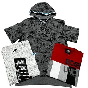 Ecko Unlimited men's 3 t-shirt bundle short sleeve light hoodie  gray red medium